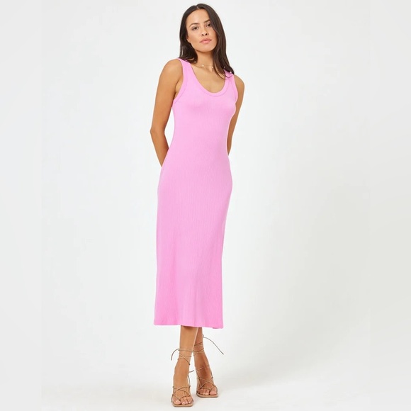 NWT L*SPACE Jenna Ribbed Flowy Midi Length Dress Tulip Pink - Picture 1 of 3